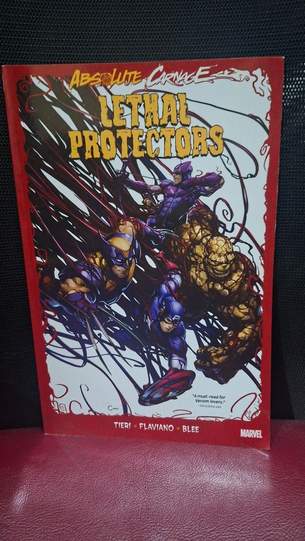 Absolute Carnage Lethal Protectors Marvel Comic Book (Category: Comics & Manga) located in Pasig City. Submitted by loisegems (Listing ID 1460057187, Image 1). Description: - Absolute Carnage Lethal Protectors comic book - Features artwork by Tieri, Flaviano, and Blee - Part of the Marvel universe - Characters include Hawkeye, The Thing, and Captain America - Face off against the villain Carnage - A must-have for any comic collector.