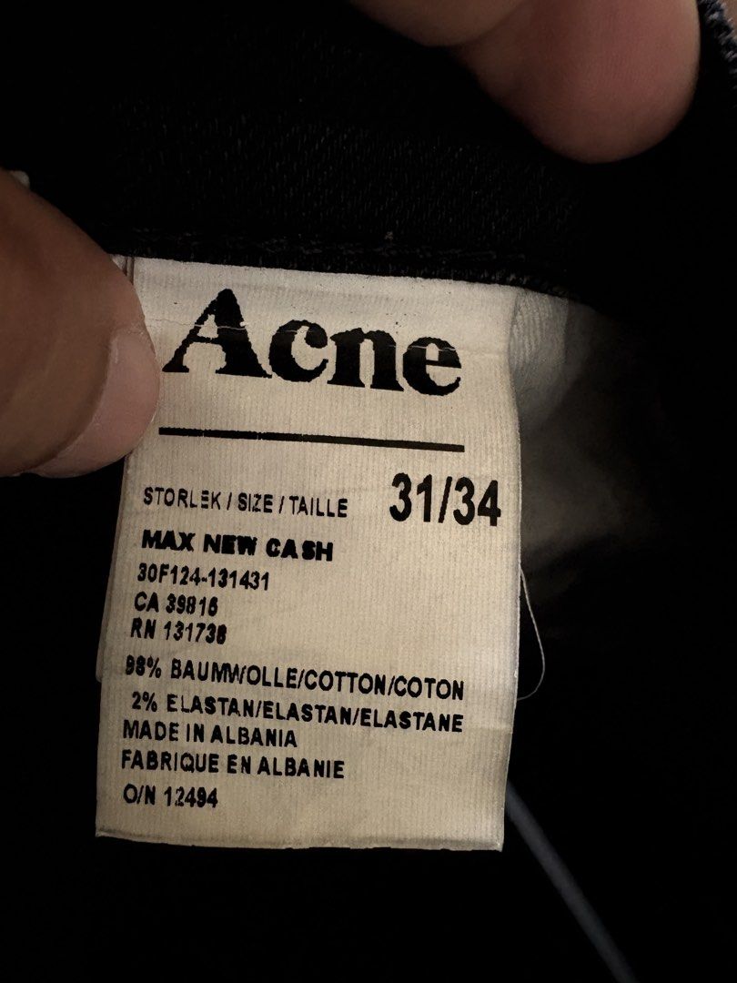 Acne Studios Max New Cash Black Jeans (Category: Jeans) located in Banga. Submitted by yuzennn (Listing ID 1459961325, Image 3). Description: PERSONAL ITEM! Authentic Acne Studios Max New Cash jeans in washed/faded black. Older Acne label version with classic 5-pocket construction and slim-fit silhouette. Model: Max New Cash Size: 31/34 Material: 98% Cotton, 2% Elastane Made in Albania Color: Washed/Faded Black Condition: Pre-loved, good conditio