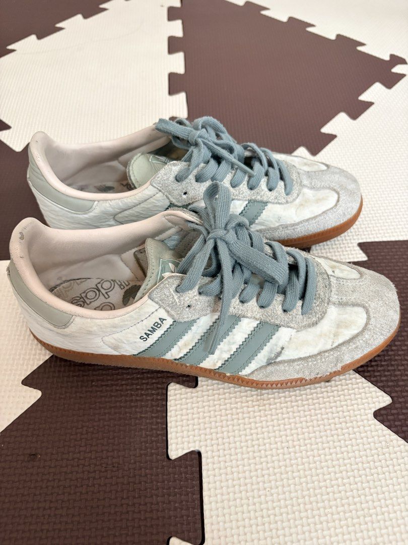 Adidas Samba OG Grey White Blue Sneakers (Category: Sneakers) located in Mandaluyong City. Submitted by rhoxiebee (Listing ID 1459964783, Image 2). Description: -Adidas Samba Silver Green Size: US 8 UK 6 1/2 FR 40 JP 250 CHN 245 - Grey suede and white leather upper - Light blue stripes - Gum sole for excellent grip - Pre-loved with plenty of wear left - Ideal for everyday casual wear.