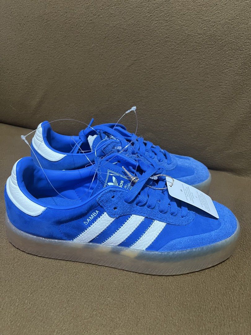 Adidas Samba W Blue White Sneakers (Category: Sneakers) located in Makati City. Submitted by joycesp (Listing ID 1459922280, Image 1). Description: - Authentic Adidas Samba W shoes - Vibrant blue color with classic white stripes - Features a durable gum sole - Size: 7.5 US Women's - Brand new, never worn - Original box and tags included.
