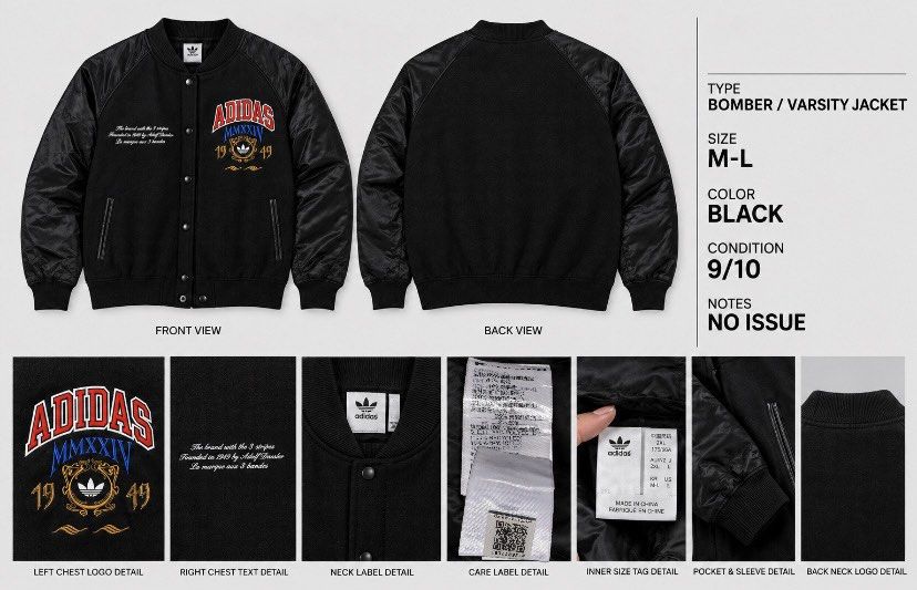 Adidas Varsity Jacket Black Leather Sleeves (Category: Coats, Jackets and Outerwear) located in Baguio. Submitted by boss_rb (Listing ID 1460061623, Image 1). Description: - Classic black Adidas varsity jacket - Genuine leather sleeves - Embroidered Adidas logo with 'MMXXIV' and laurel wreath detail - Additional embroidered text on the chest - Snap button front closure - Ribbed cuffs and hem for a snug fit - Ideal for creating a stylish streetwea