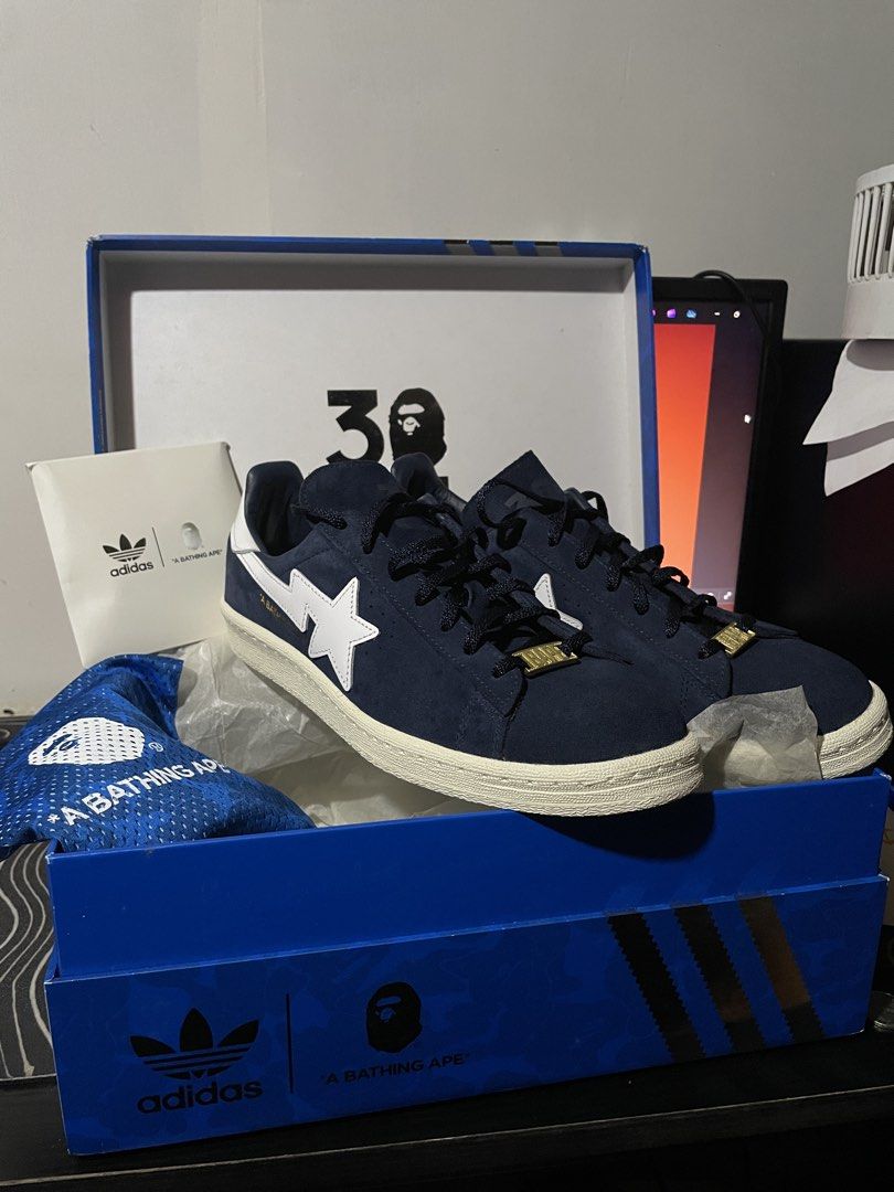 ADIDAS x BAPE CAMPUS 80s 30th Anniv (Category: Sneakers) located in Muntinlupa City. Submitted by smg1771 (Listing ID 1460098015, Image 1). Description: ADIDAS x BAPE CAMPUS 80s 30th Anniv 9us | 42 2/3eu | 27cm bnds complete dust bag extra laces sale or trade sa 8mens ₱8k.