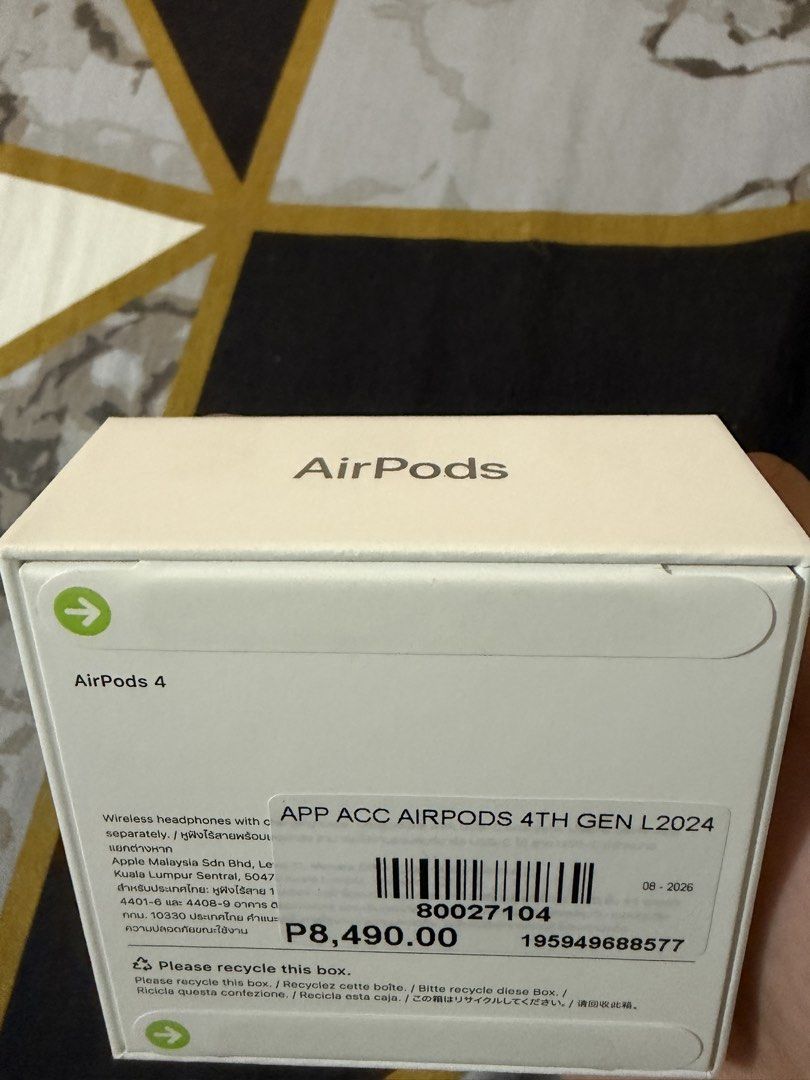 Airpod 4th gen (Category: Earphones) located in Pilar. Submitted by warmforest.dac328 (Listing ID 1460000568, Image 3). Description: Item: Apple AirPods 4 (4th Generation) Condition: Brand New & Factory Sealed (Unopened / Pull tabs intact) Original Price: ₱8,490 (Save ₱290 instantly!) negotiable! Serial No: KPQ9GGWFJP (Authentic / Checkable on Apple’s site) Model No: MXP63ZA/A Payment: GCash / Cash on Meetup.