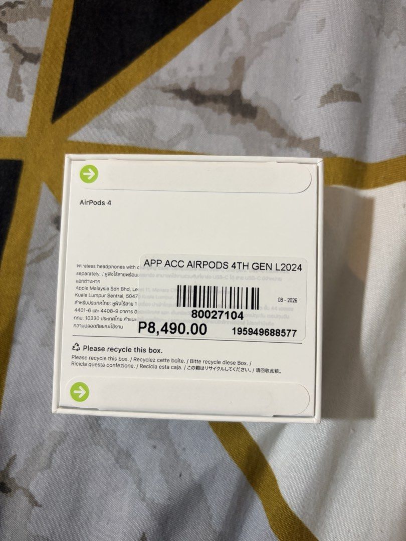 Airpod 4th gen (Category: Earphones) located in Pilar. Submitted by warmforest.dac328 (Listing ID 1460000568, Image 1). Description: Item: Apple AirPods 4 (4th Generation) Condition: Brand New & Factory Sealed (Unopened / Pull tabs intact) Original Price: ₱8,490 (Save ₱290 instantly!) negotiable! Serial No: KPQ9GGWFJP (Authentic / Checkable on Apple’s site) Model No: MXP63ZA/A Payment: GCash / Cash on Meetup.