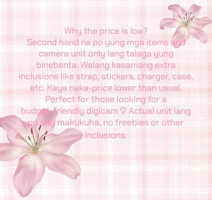 Announcement for my DIGICAMs (Category: Announcements) located in Manila. Submitted by kellyfleurshop (Listing ID 1460070699, Image 1). Description: So please don’t expect complete inclusions or brand new condition po. May signs of use since pre-loved, but quality-wise, okay na okay yung cameras and tested before selling. ♡ Good option if you’re looking for a working digicam without spending too much..