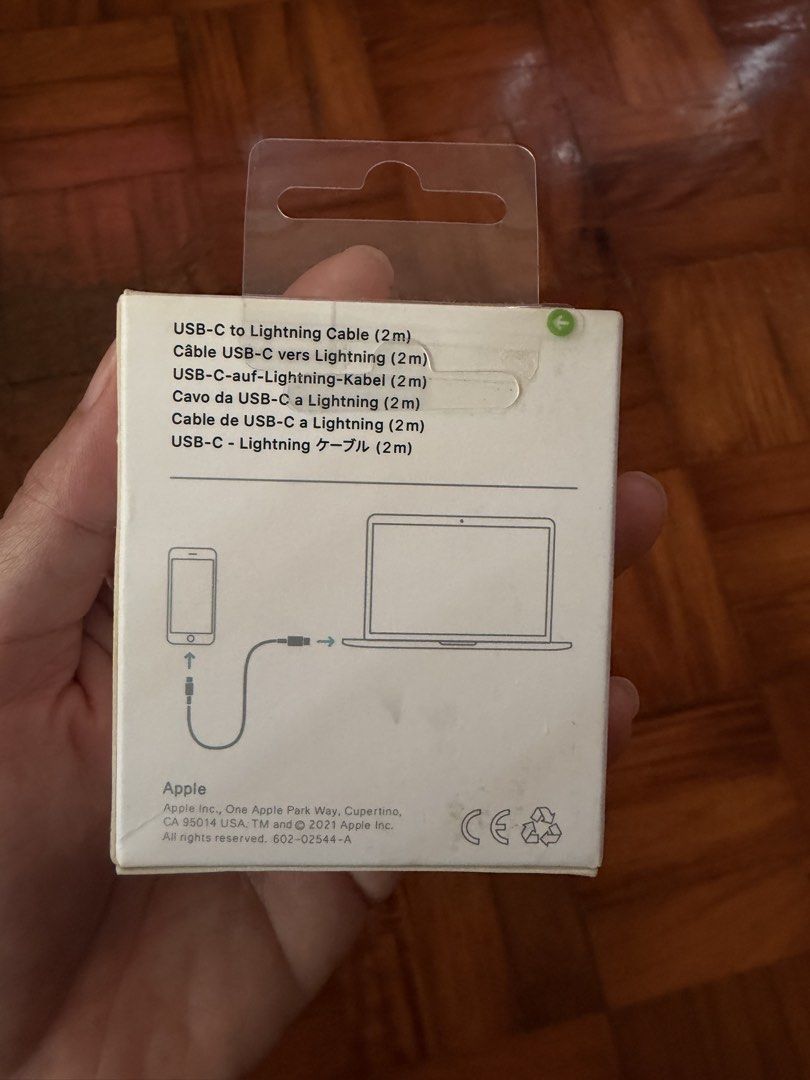 Apple Cable USB-C to Lightning (Category: Chargers & Cables) located in Quezon City. Submitted by cbendicion (Listing ID 1459917783, Image 2). Description: - Brand new, sealed Apple USB-C to Lightning Cable - Length: 2 meters - Connects USB-C devices to Lightning devices - Original Apple product, designed in California Loc: timog quezon city Spare cable of my old phone .