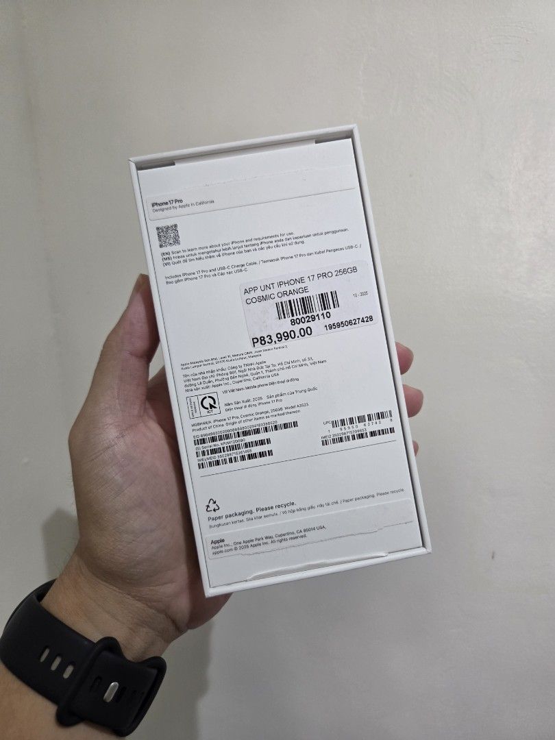 Apple iPhone 17 Pro 256GB Cosmic Box (Category: Other Mobile & Gadget Accessories) located in Angeles City. Submitted by technoterlex (Listing ID 1459905516, Image 2). Description: - Original box for iPhone 17 Pro - 256GB model - Cosmic color - Includes all original packaging - Ideal for collectors or replacing a lost box.