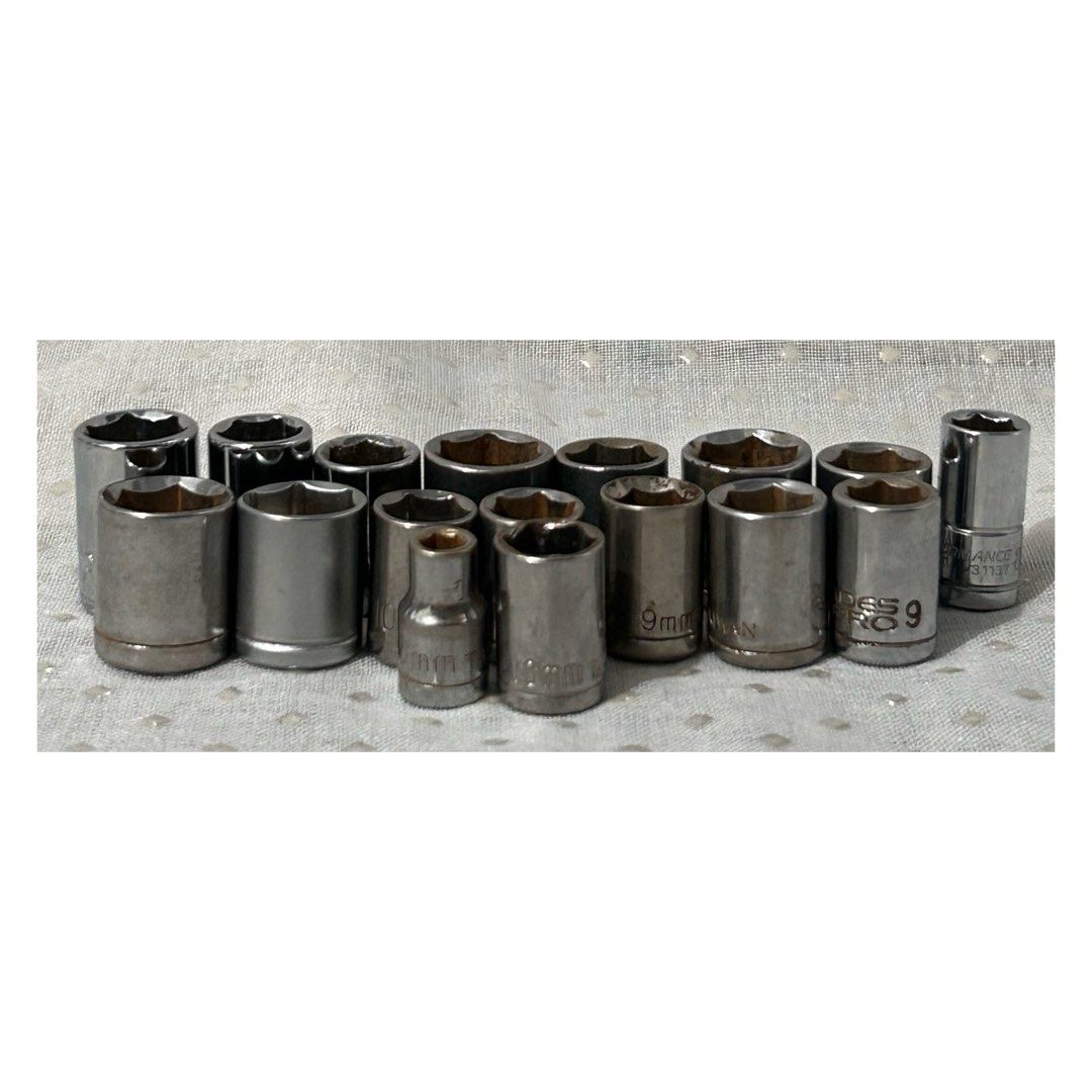 Assorted brand metric 1/4 drive 6 point socket (Category: Everything Else Others) located in Pasig City. Submitted by califinestcollectibles (Listing ID 1459927140, Image 3). Description: Assorted brand metric 1/4 drive 6 point sockets HT#0037 17pcs on hand - 100 each •18mm GM •13 trades pro •11mm •10 trades pro •10mm stanley •5mm taiwan •10mm •13mm taiwan •10mm companion •13mm •9 tradespro •11mm taiwan •10mm taiwan •11 trades pro •13mm taiwan •1