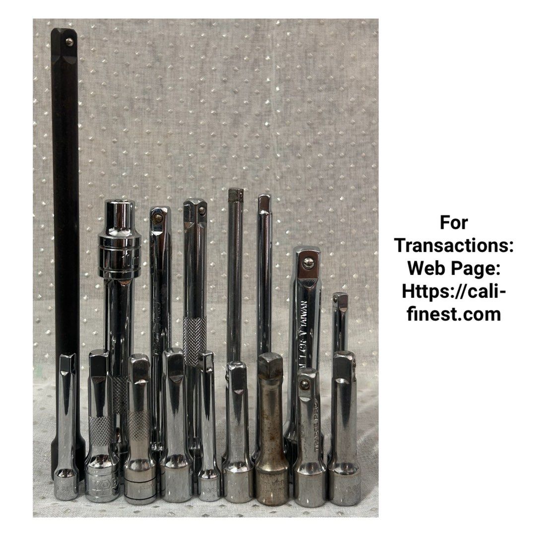 Assorted Brand Sockets (Category: Home Improvement Tools & Accessories) located in Pasig City. Submitted by califinestcollectibles (Listing ID 1459984160, Image 1). Description: Assorted Brand Sockets HT#0047 17pcs on hand •8 1/2 CR-V Taiwan P-F 3/8 (9 inch) - 250 •10mm Power Torque 1/2 (6.5 inch) - 250 •Evercraft CR-V Taiwan 1/2 - 250 •9 Husky (6 inch) 1/4 - 250 •unbranded 1/4 (6 inch) - 150 •3/8 Quinn (6.5 inch) - 150 •3/8 Trades Pro (6.5 inch 