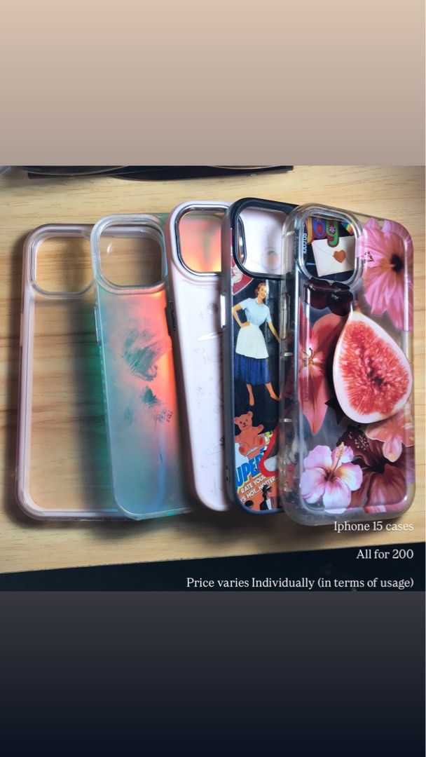 Assorted iPhone 15 cases (Category: Cases & Sleeves) located in Manila. Submitted by safestone.f258a4 (Listing ID 1460039642, Image 1). Description: Kindly read!! All for 220 Prices Varies Individually (based on personal usage and aging of the item) MEET UP ONLY!! No to online transaction Near A. Lrt-2 Legarda Station B. Isettan Recto C. España Blvd., Sampaloc MANILA AREA ONLY!! Dm for inquiries: Aleanna Sparks (FB) 09480878686 (Message) .