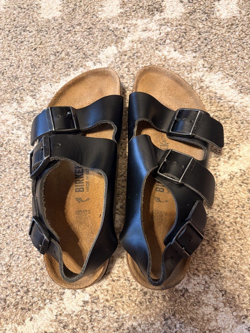 Auth Preloved Birkenstock Milano (Category: Slippers and slides) located in Paranaque City. Submitted by silentstone.dolphin (Listing ID 1459903667, Image 2). Description: Genuine Leather.. Black Strap.. Brass Buckle.. Visible Print.. Best Seller!🥳 Super Nice in Actual!😍 .