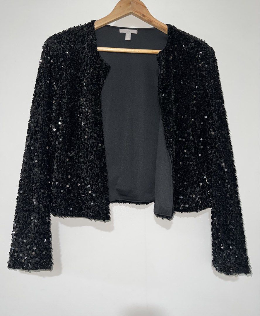 AUTHENTIC: H&M Sequins Black Coat (Category: Coats, Jackets and Outerwear) located in Quezon City. Submitted by homeandthrifts (Listing ID 1460097785, Image 1). Description: Item: Color may slightly vary in this photo due to lighting Location: Timog, Quezon City Mode of Payment: QR code PM for inquiries, price offer/reduction .