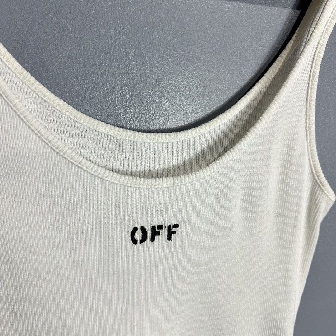 Authentic off white tops (Category: Sleeveless) located in Mangaldan. Submitted by restyle.fitv2 (Listing ID 1459944175, Image 3). Description: Authentic off white tops Size small to medium Length 23 Width 13 stretchable No issue.