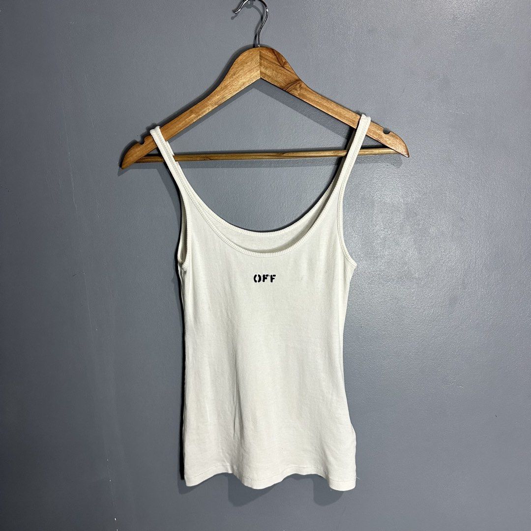 Authentic off white tops (Category: Sleeveless) located in Mangaldan. Submitted by restyle.fitv2 (Listing ID 1459944175, Image 1). Description: Authentic off white tops Size small to medium Length 23 Width 13 stretchable No issue.