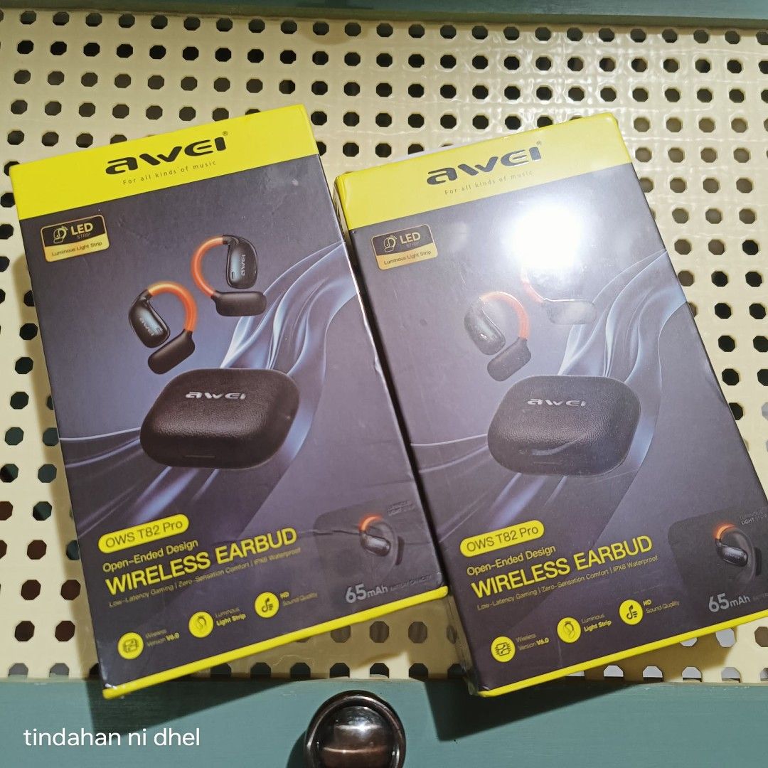 Awei OWS T82 Pro Wireless Earbuds (NEW/SEALED) (Category: Earphones) located in Cainta. Submitted by tindahannidhel (Listing ID 1460099695, Image 1). Description: - Awei OWS T82 Pro Wireless Earbuds - Open-ended design with luminous light strips - Low-latency gaming mode - Zero-sensation comfort for long wear - IPX6 waterproof rating - Bluetooth Version V6.0 - 65mAh battery capacity.