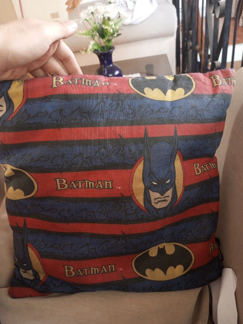 Batman Striped Pillow with Bat Symbol (Category: Bedding & Towels) located in Caloocan City. Submitted by tobylacua26871 (Listing ID 1459914277, Image 1). Description: batman pillow from 2003 slight dusty .
