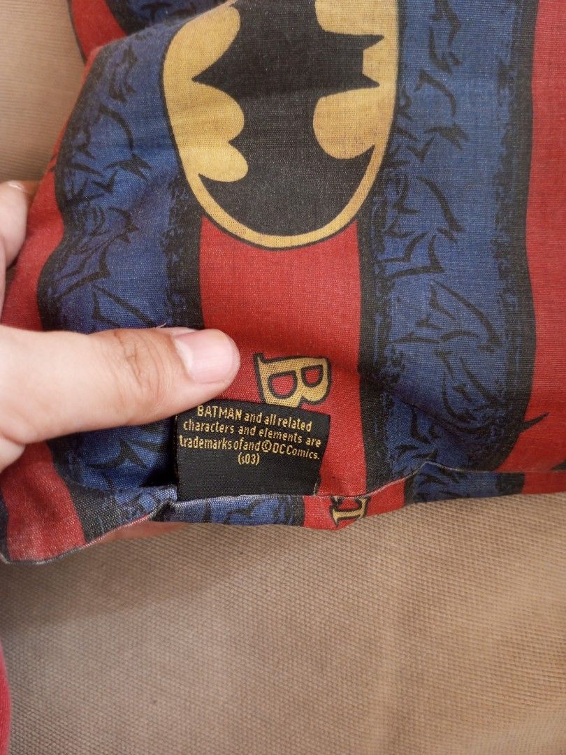 Batman Striped Pillow with Bat Symbol (Category: Bedding & Towels) located in Caloocan City. Submitted by tobylacua26871 (Listing ID 1459914277, Image 3). Description: batman pillow from 2003 slight dusty .
