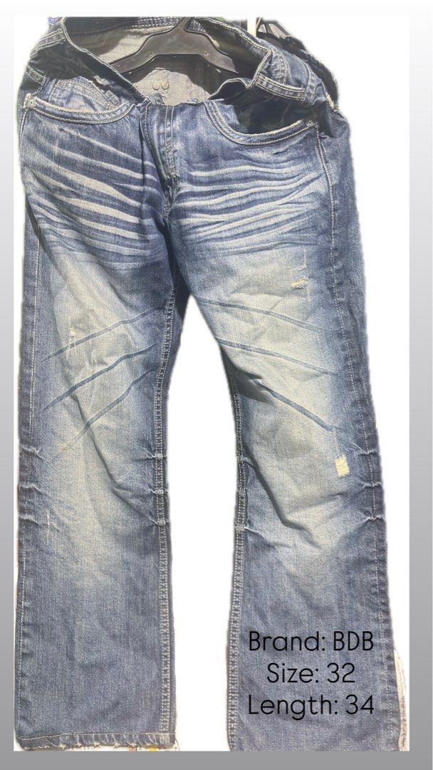 BDB Jeans Size 32 Length 34 Distressed Wash (Category: Jeans) located in Manila. Submitted by eunite1025 (Listing ID 1460052280, Image 1). Description: Features a distressed wash with some rips. Classic straight leg cut. Good for casual wear..