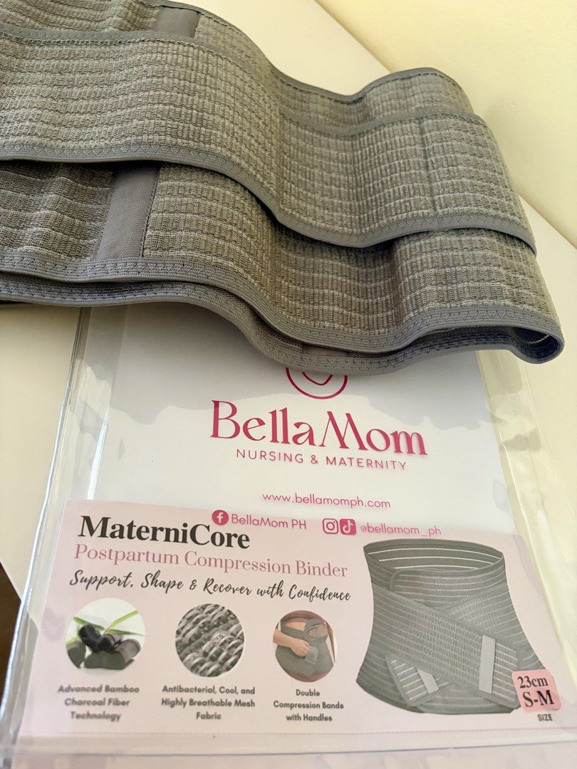 BellaMom Matern iCore Postpartum Compression Binder S/M (Category: Maternity Care) located in Butuan. Submitted by darlingscloset (Listing ID 1460023232, Image 1). Description: - BellaMom Maternity Postpartum Compression Binder - Aids in postpartum support, shaping, and recovery - Made with advanced bamboo charcoal fiber technology - Antibacterial, cool, and highly breathable mesh fabric - Double compression bands with easy-grip handles - Size: S