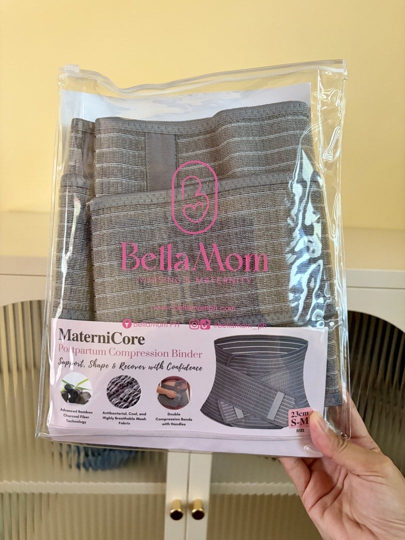BellaMom Matern iCore Postpartum Compression Binder S/M (Category: Maternity Care) located in Butuan. Submitted by darlingscloset (Listing ID 1460023232, Image 2). Description: - BellaMom Maternity Postpartum Compression Binder - Aids in postpartum support, shaping, and recovery - Made with advanced bamboo charcoal fiber technology - Antibacterial, cool, and highly breathable mesh fabric - Double compression bands with easy-grip handles - Size: S