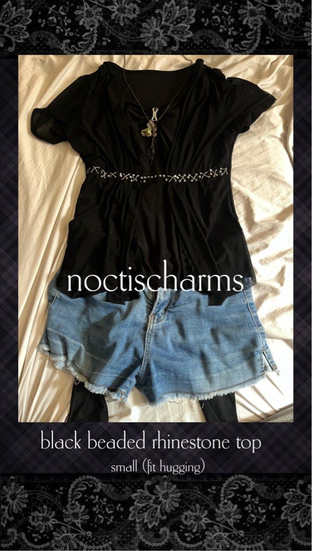 Black Beaded Rhinestone Top (Category: Sleeveless) located in Manila. Submitted by noctischarms (Listing ID 1460008777, Image 1). Description: Black sheer top Beaded rhinestone detail at the waist size Small (fit hugging) no issues.. what u see is what u get dm for ww pics~ 🩶.