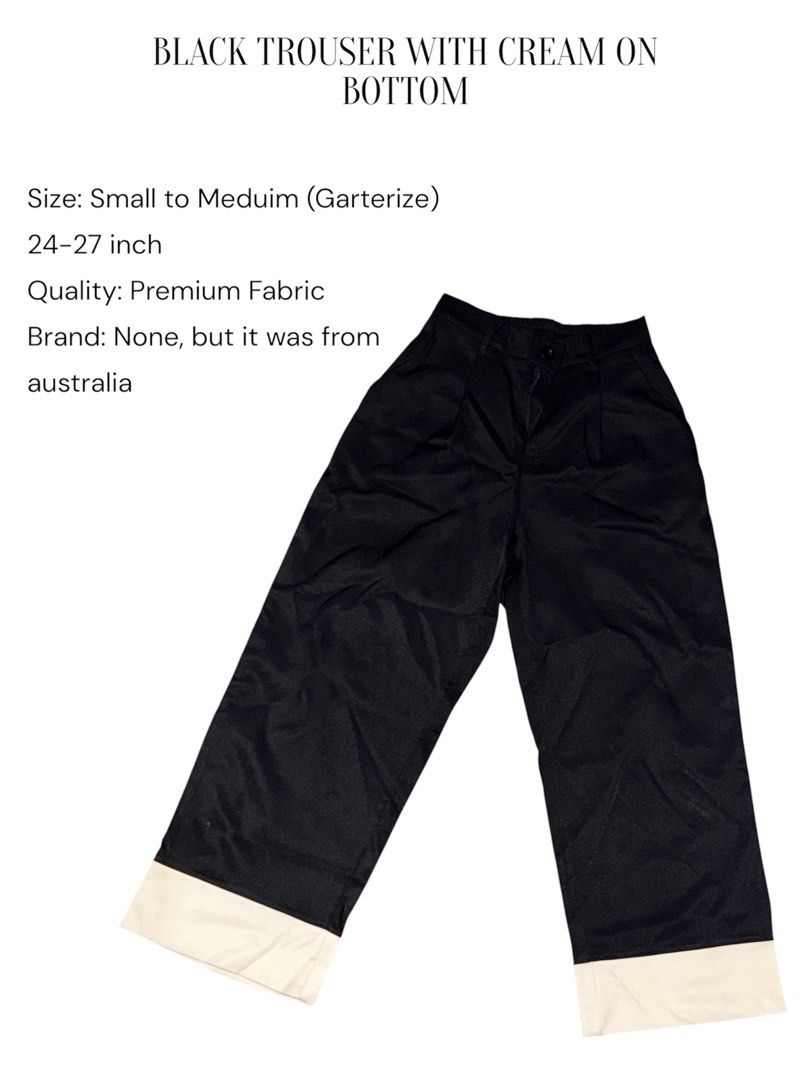 BLACK TROUSER WITH CREAM ON BOTTOM (Category: Other Bottoms) located in Rizal. Submitted by makiagemz (Listing ID 1460055704, Image 2). Description: RFS: Decluttering 2nd slide for infos - NO ISSUES Mop: Gcash | GoTyme.