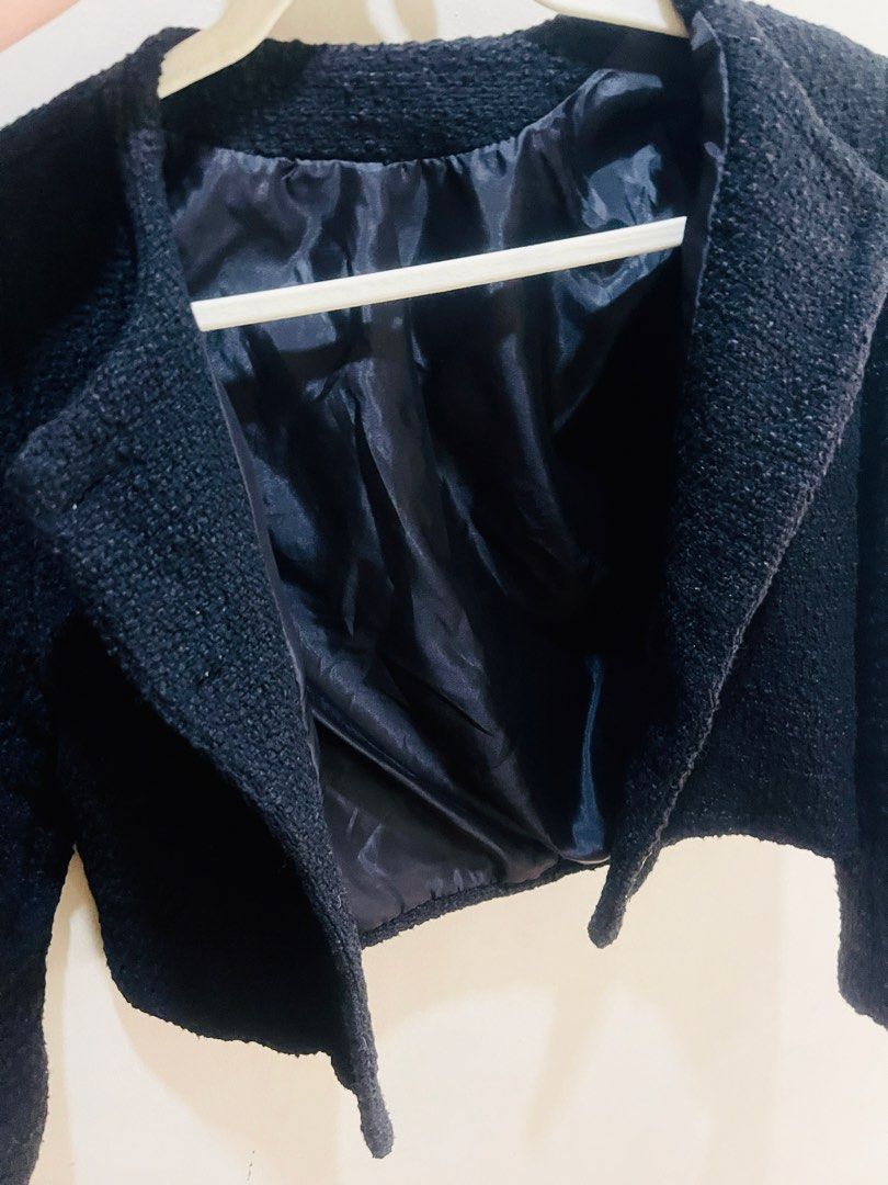 Black Tweed Jacket Blazer (Category: Coats, Jackets and Outerwear) located in Quezon City. Submitted by prelovedluxe_ (Listing ID 1459937503, Image 3). Description: Elegant and timeless black open style tweed jacket featuring a textured woven finish. Designed with a structured, slightly cropped silhouette, round neckline, long sleeves, and flap pockets for a refined yet versatile look. The jacket is fully lined. Easy to dress up or down—pair it w