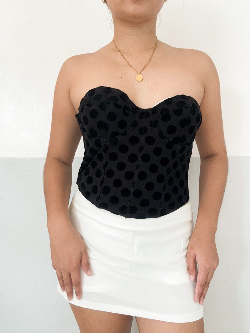 Black Velvet Polka Dot Corset Top (Category: Sleeveless) located in Maasin. Submitted by yemashop (Listing ID 1459963170, Image 1). Description: RFS: Decluttering FREE SHIPPING!!! - Black velvet corset top - Fun polka dot pattern - Sweetheart neckline - Creates a flattering shape - Ideal for a night out or elevating any outfit - Versatile: pair with skirts or jeans - Super cute and stylish.