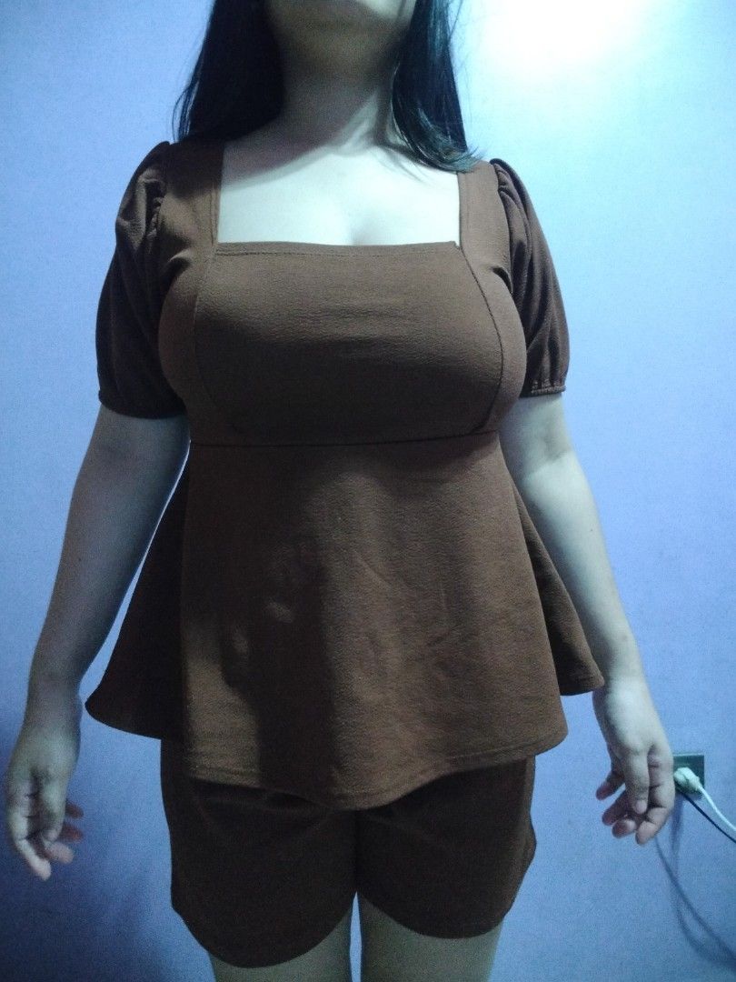 Brown Square Neck Peplum Top & Shorts Set (Category: Sets or Coordinates) located in Marikina City. Submitted by rareocean_9df934 (Listing ID 1460077240, Image 3). Description: - Cute brown peplum top with puff sleeves - Features a stylish square neckline - Includes matching shorts (Size S) - Top is Size M - Ideal for casual outfits.