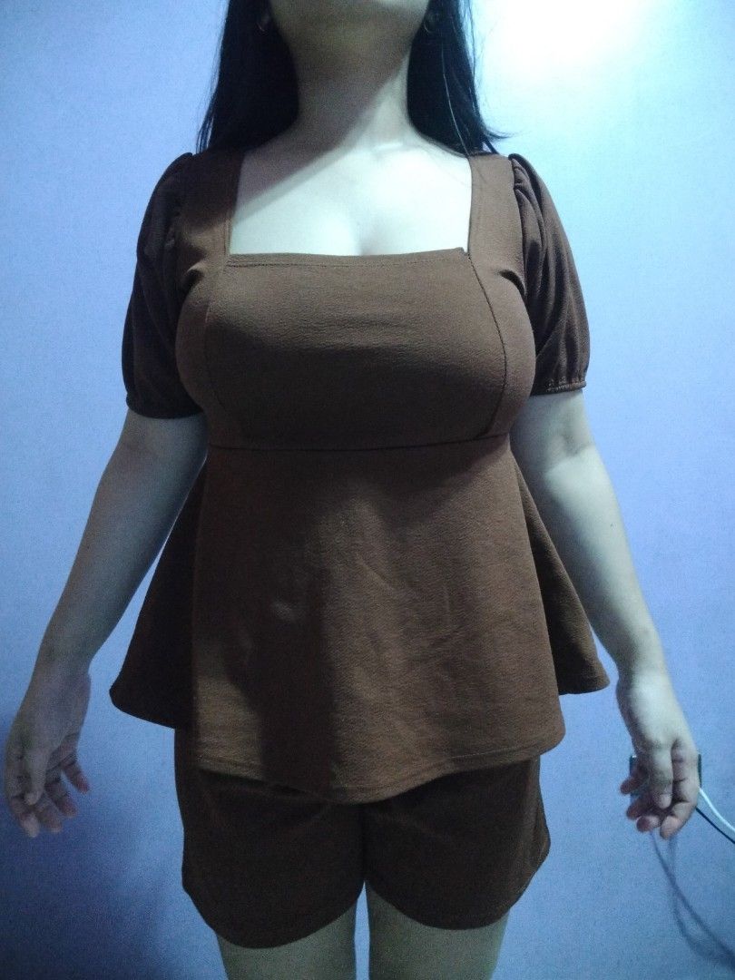 Brown Square Neck Peplum Top & Shorts Set (Category: Sets or Coordinates) located in Marikina City. Submitted by rareocean_9df934 (Listing ID 1460077240, Image 2). Description: - Cute brown peplum top with puff sleeves - Features a stylish square neckline - Includes matching shorts (Size S) - Top is Size M - Ideal for casual outfits.