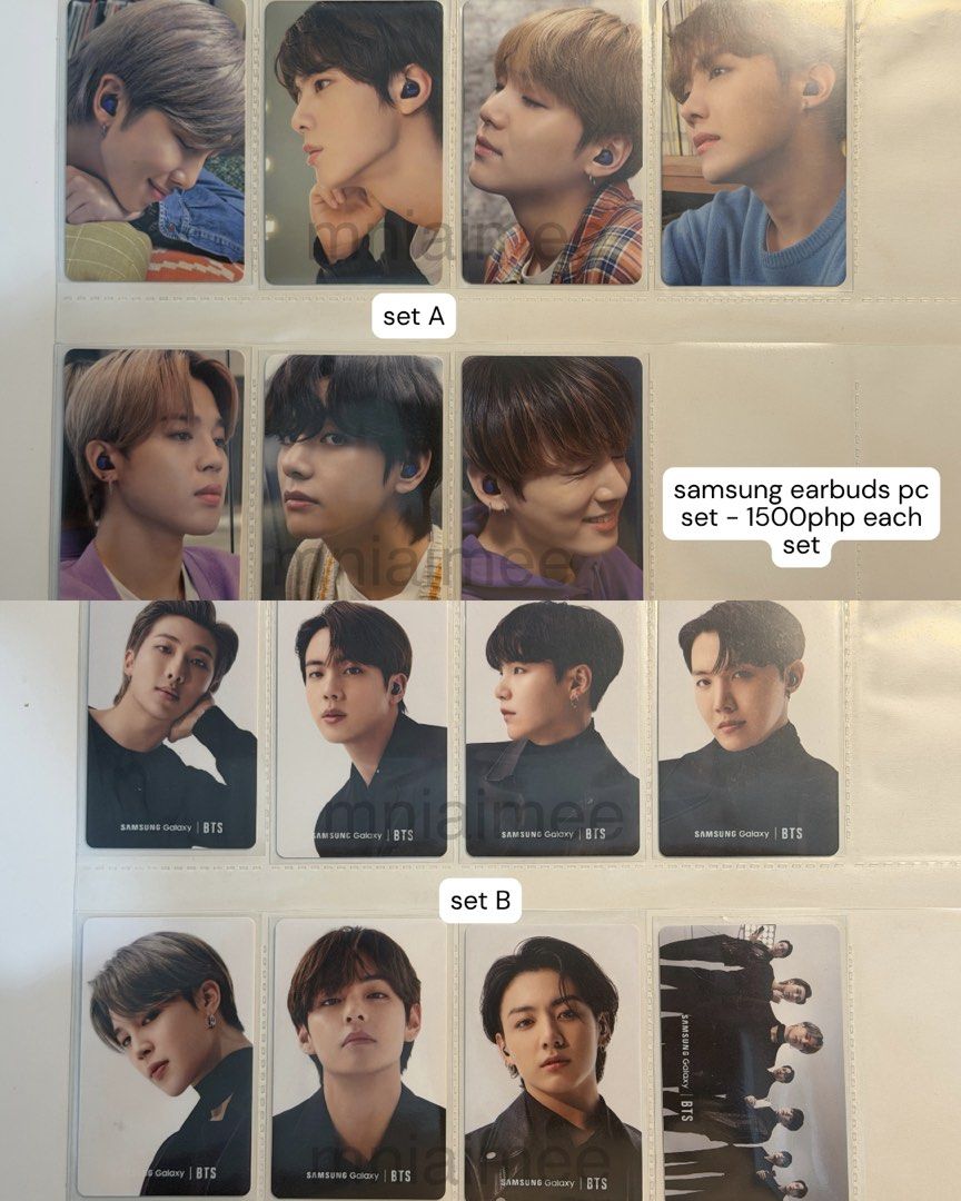 BTS Samsung Earbuds Photocards (Category: K-Wave Merchandise) located in Caloocan City. Submitted by aimee_ssi (Listing ID 1460084925, Image 1). Description: a- available b&c-sold .