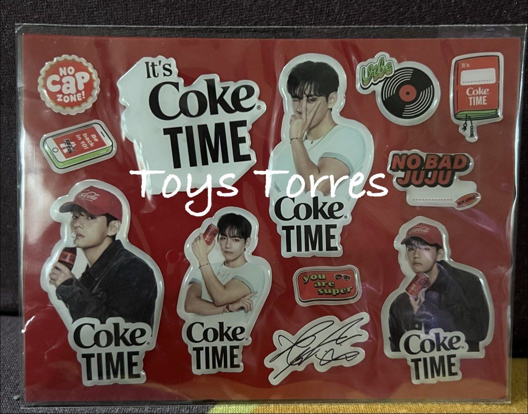BTS V Coke Time Cap & Stickers (Category: Caps & Hats) located in Manila. Submitted by toystorres07 (Listing ID 1460045352, Image 3). Description: Sold as Set Brand New Authentic from the Coca-Cola Limited Edition.