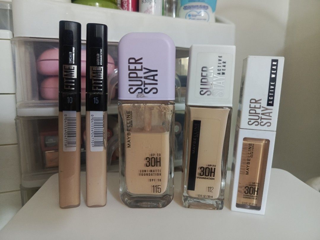 BUNDLE Maybelline Fit Me & Super Stay Foundation & Concealer Bundle (Category: Makeup) located in Manila. Submitted by raxxx17 (Listing ID 1459938087, Image 1). Description: - Maybelline Makeup Bundle - Includes: - Fit Me Concealer (Shade 10) - Fit Me Concealer (Shade 15) - Super Stay 30H Lumi-Matte Foundation (Shade 115) - Super Stay Active Wear Foundation (Shade 112) - Super Stay 30H Active Wear Concealer - Key Features: Full coverage, long wea