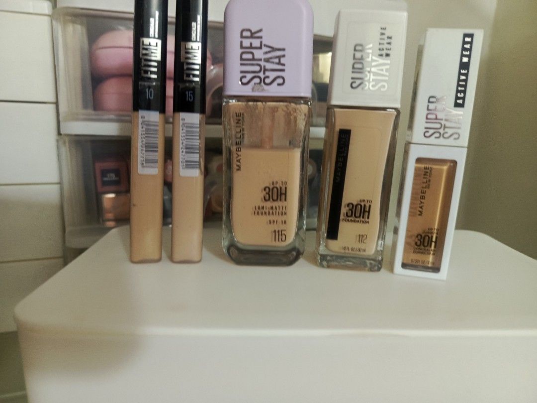 BUNDLE Maybelline Fit Me & Super Stay Foundation & Concealer Bundle (Category: Makeup) located in Manila. Submitted by raxxx17 (Listing ID 1459938087, Image 2). Description: - Maybelline Makeup Bundle - Includes: - Fit Me Concealer (Shade 10) - Fit Me Concealer (Shade 15) - Super Stay 30H Lumi-Matte Foundation (Shade 115) - Super Stay Active Wear Foundation (Shade 112) - Super Stay 30H Active Wear Concealer - Key Features: Full coverage, long wea