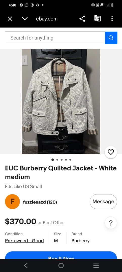 Burberry Quilted Jacket - White (Category: Coats, Jackets and Outerwear) located in Manila. Submitted by mr_thrifty13 (Listing ID 1459999294, Image 1). Description: - Authentic Burberry quilted jacket in white. - Iconic Nova Check lining inside. - Classic button-down front with convenient pockets. - Tagged as Medium, but fits more like a Small (please check measurements)..