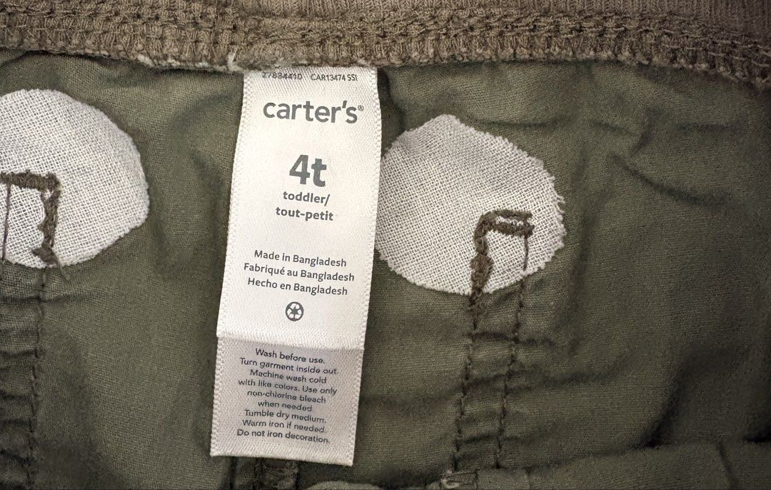 Carter's Toddler 4t Green Cargo Pants (Category: Babies & Kids Fashion) located in Quezon City. Submitted by hiimanewbuyerhere (Listing ID 1459964366, Image 2). Description: - Toddler Boys' Cargo Pants - Size: 4T - Color: Green - Elastic waistband with adjustable drawstring - Multiple functional front pockets - Durable stitching for long-lasting wear - Made in Bangladesh - Ideal for everyday play and activities.