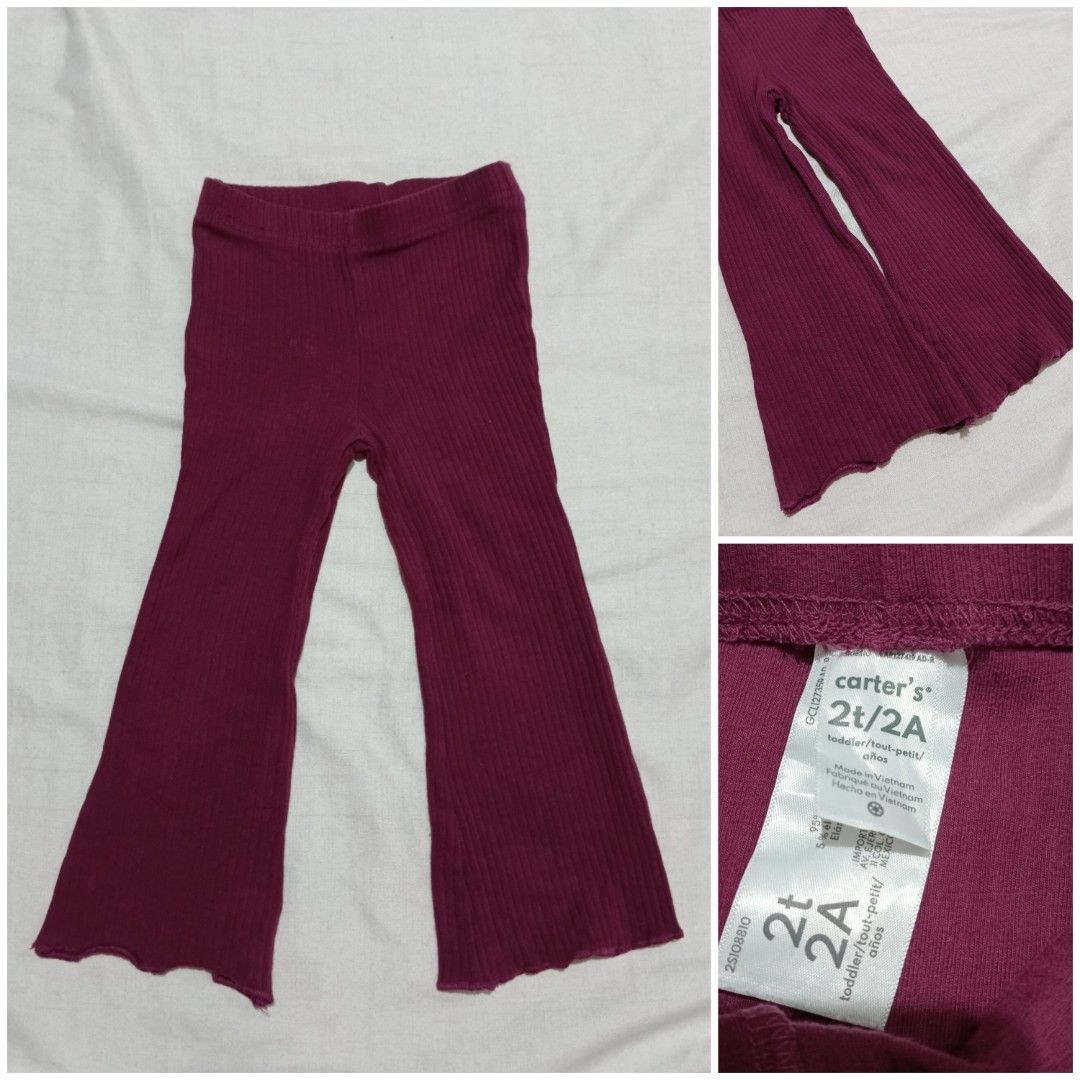Carter's Toddler Bell Bottom Pants Size 2T (Category: Babies & Kids Fashion) located in Makati City. Submitted by Thrifttoglam.ph (Listing ID 1460017485, Image 1). Description: - Adorable berry-colored bell bottom pants - Ribbed texture for a stylish look - Comfortable elastic waistband - Fun scalloped hem on leg openings - Perfect for playtime or special occasions - Brand: Carter's.