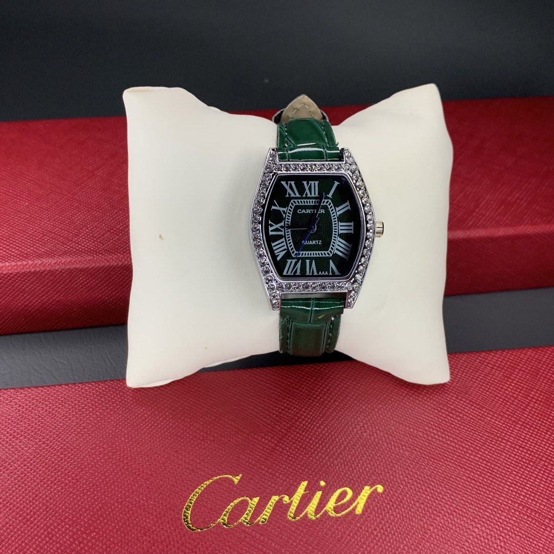Cartier Quartz Watch - Green Leather Strap (Category: Women's Watches) located in Manila. Submitted by renci644 (Listing ID 1460054133, Image 2). Description: Elegant green Cartier quartz watch with octagon case and crystal accents. Features Roman numerals and a glossy green leather strap..