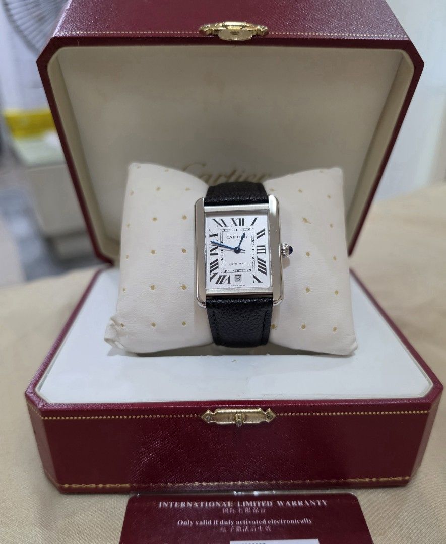 Cartier Tank Watch Solo Automatic - XL (Category: Luxury Watches) located in Caloocan City. Submitted by _moca01 (Listing ID 1460022652, Image 1). Description: (Size XL in automatic movement) 🔸️GENTLY USED 🔸️Normal signs of usage only. Very minimal hairline scratches 🔸️Inclusion: box and card only 🔸️AUTOMATIC Open for authentication.