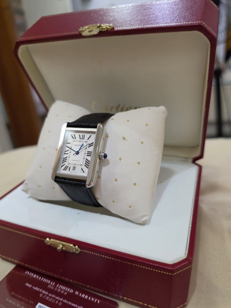 Cartier Tank Watch Solo Automatic - XL (Category: Luxury Watches) located in Caloocan City. Submitted by _moca01 (Listing ID 1460022652, Image 2). Description: (Size XL in automatic movement) 🔸️GENTLY USED 🔸️Normal signs of usage only. Very minimal hairline scratches 🔸️Inclusion: box and card only 🔸️AUTOMATIC Open for authentication.
