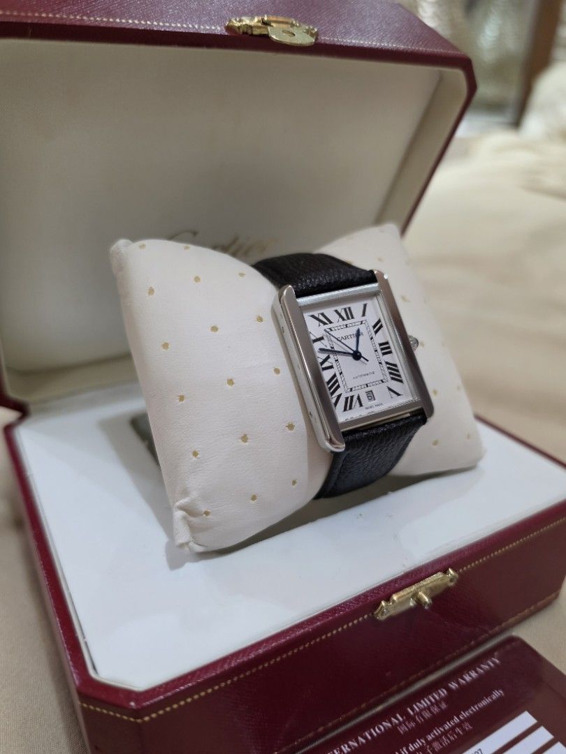 Cartier Tank Watch Solo Automatic - XL (Category: Luxury Watches) located in Caloocan City. Submitted by _moca01 (Listing ID 1460022652, Image 3). Description: (Size XL in automatic movement) 🔸️GENTLY USED 🔸️Normal signs of usage only. Very minimal hairline scratches 🔸️Inclusion: box and card only 🔸️AUTOMATIC Open for authentication.