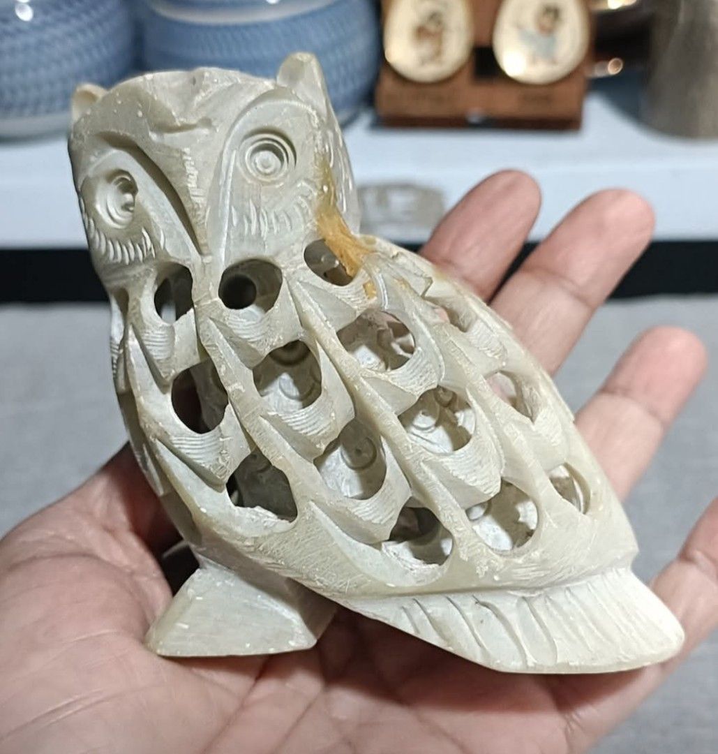 Carved Stone Owl and Squirrel Figurines (Category: Other Home Decor) located in Santa Maria. Submitted by kharla2006 (Listing ID 1459920006, Image 2). Description: - Set of 2 unique carved stone animal figurines. - Includes a detailed owl with cut-out patterns. - Features a cute green and white marbled squirrel. - Small size, ideal for display on shelves or desks. - Perfect decorative pieces for any space..