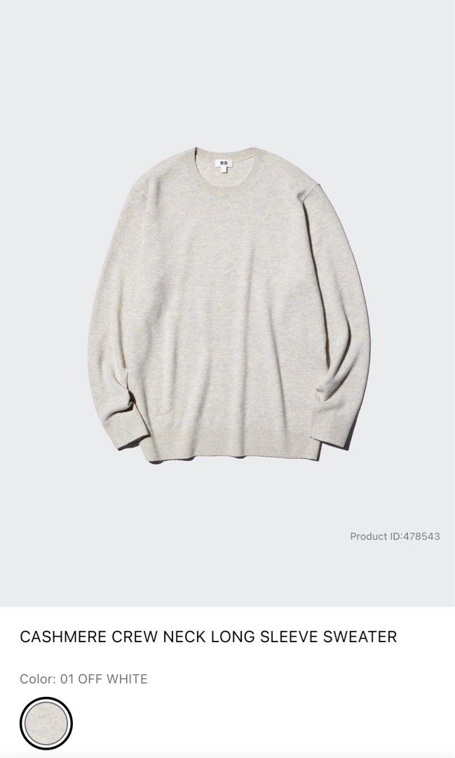 Cashmere crew neck long sleeve sweater (Category: Coats, Jackets and Outerwear) located in San Mateo. Submitted by sullysue_01 (Listing ID 1460051027, Image 2). Description: Cashmere crew neck long sleeve sweater. Color: Off white Material: 100% Cashmere Size S Body length back 62cm Shoulder width (seam to seam) 41 cm Body width 48 cm Sleeve length 77cm.