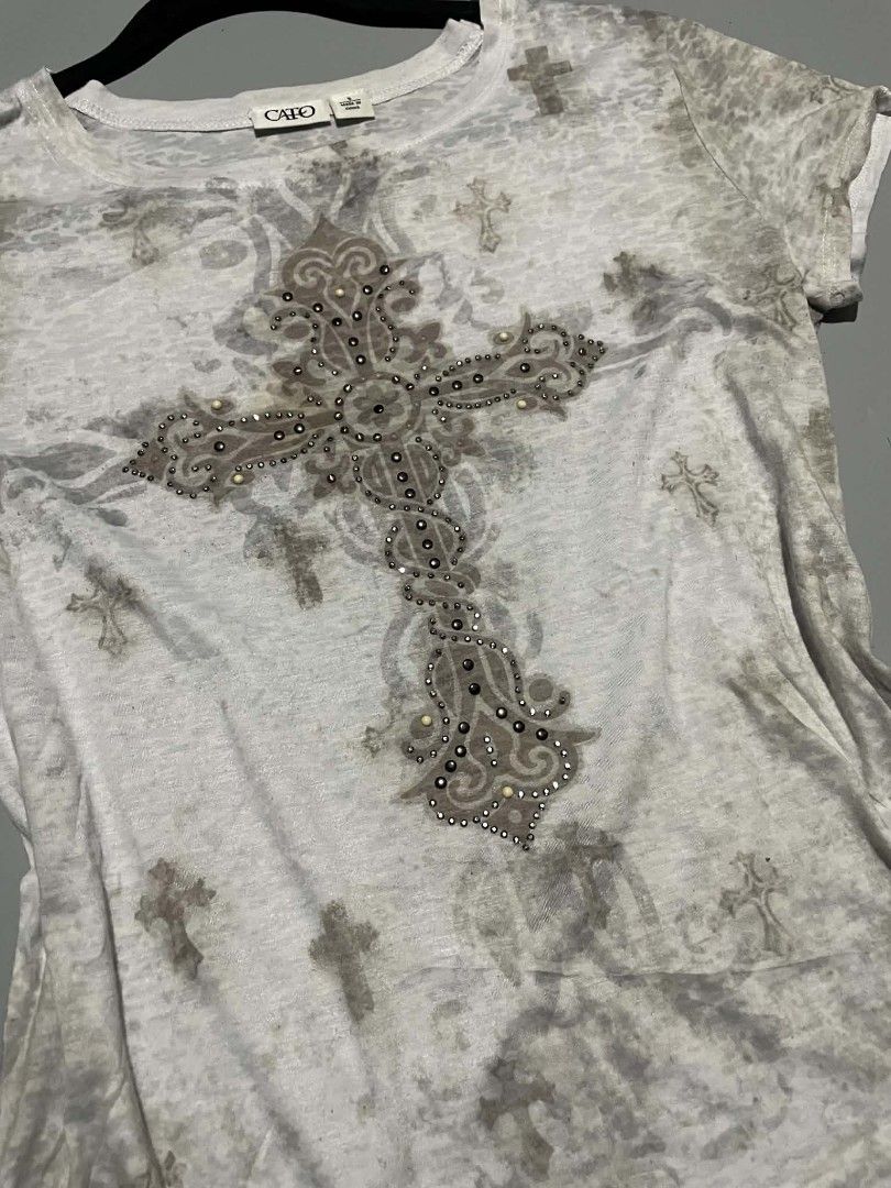 Cato Rhinestone Cross y2k (Category: Shirts) located in Cavite. Submitted by imgnr0 (Listing ID 1460020186, Image 3). Description: excellent condition size small width: 14 length: 20 .
