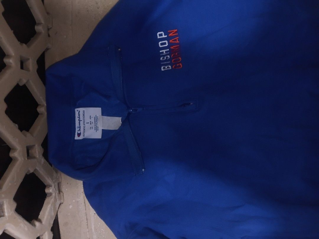 Champion Bishop Gorman Quarter Zip Sweatshirt (Category: Coats, Jackets and Outerwear) located in Manila. Submitted by wise_jp (Listing ID 1460057513, Image 1). Description: - Blue Champion Quarter Zip Sweatshirt - Features Bishop Gorman embroidery - Size: S - Comfortable and durable material - Perfect for everyday wear or sports.