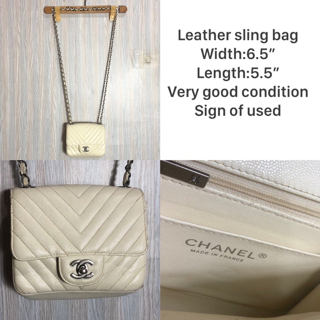 Chanel Leather Chevron Sling Bag Cream (Category: Luxury Bags & Wallets) located in Montevista. Submitted by rdthriftshub (Listing ID 1460071304, Image 1). Description: - Cream Leather Chanel Sling Bag - Classic Chevron Pattern - Elegant Silver Hardware - Interior Zip Pocket for essentials - Dimensions: 6.5" Wide x 5.5" Long.