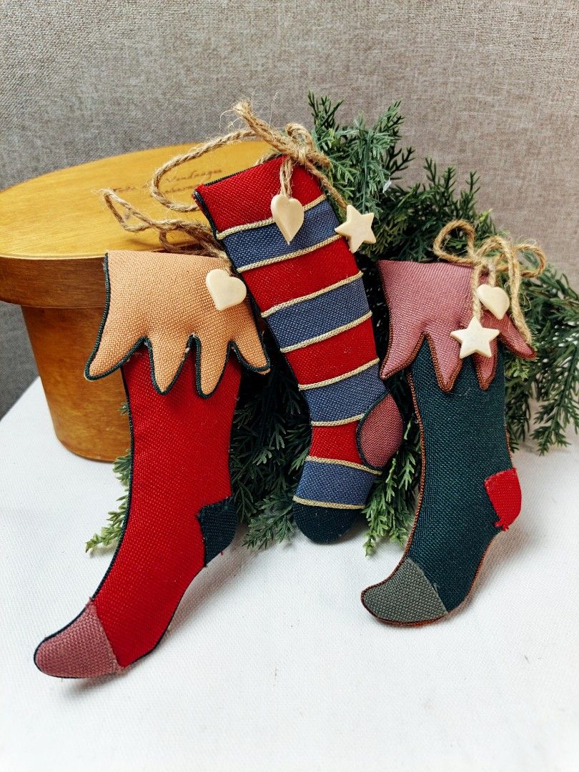 Christmas Stocking Ornaments (Category: Other Home Decor) located in Baguio. Submitted by rustyribbon (Listing ID 1459926712, Image 1). Description: set of 3- stocking ornaments estv3" x 6", fabric 120 +sf mop: gcash/maya mod: j&t payo .