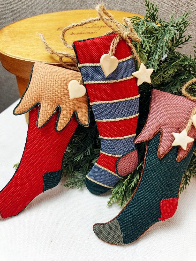 Christmas Stocking Ornaments (Category: Other Home Decor) located in Baguio. Submitted by rustyribbon (Listing ID 1459926712, Image 2). Description: set of 3- stocking ornaments estv3" x 6", fabric 120 +sf mop: gcash/maya mod: j&t payo .