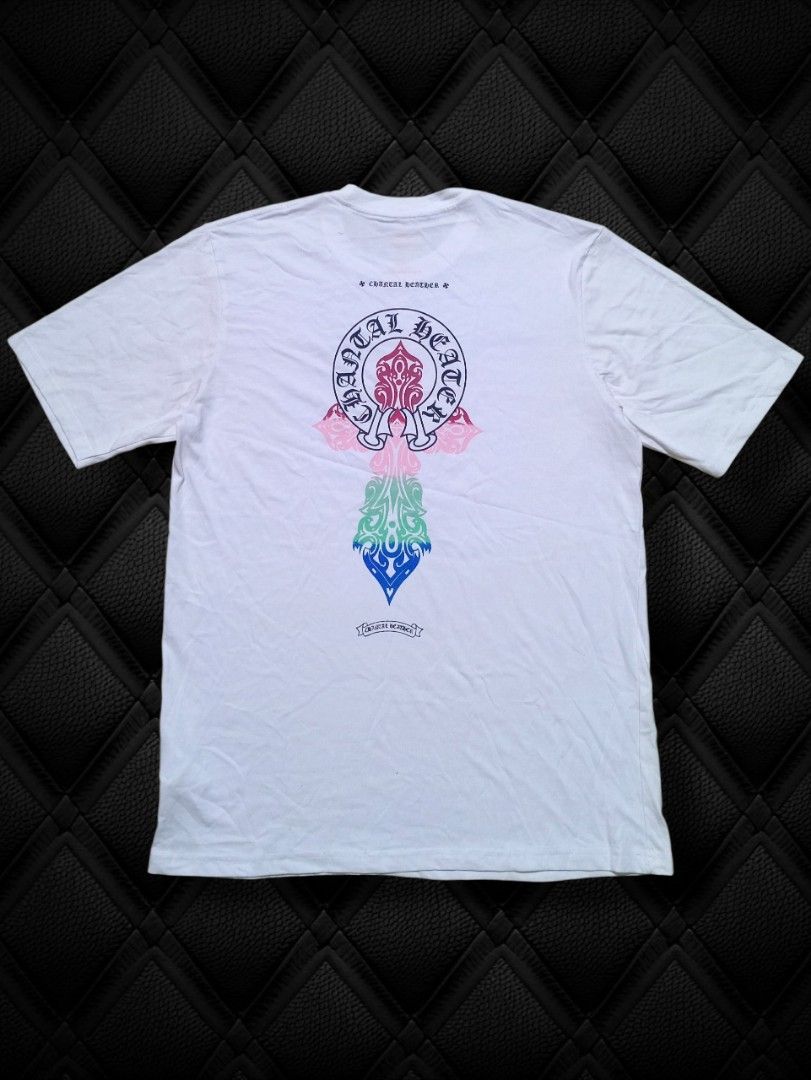 Chrome Hearts White T-Shirt I Tee (Category: Tshirts & Polo Shirts ) located in Aguinaldo. Submitted by baguioukayukay2600 (Listing ID 1459923495, Image 1). Description: - White Chrome Hearts T-shirt - Features the iconic Chrome Hearts cross logo on the back - Gradient color fill on the back logo for a unique look - Small Chrome Hearts logo detail on the front chest - Made from comfortable, breathable cotton material - Ideal for everyday casual w