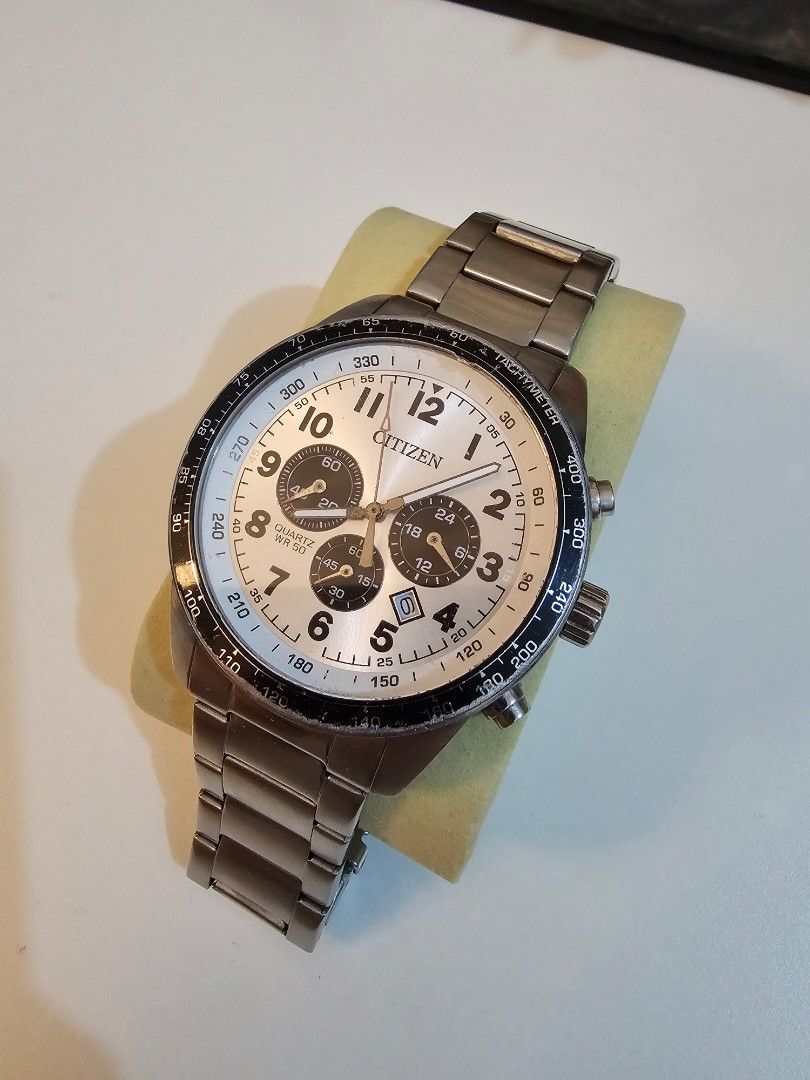 Citizen Chronograph Tachymeter Watch (Category: Men's Watches) located in Quezon City. Submitted by ndats (Listing ID 1459901896, Image 2). Description: Description Citizen chronograph panda 44mm case diameter Buffed and polished Working chronograph 7.5 inches wrist size All original parts Date display Strong lume.